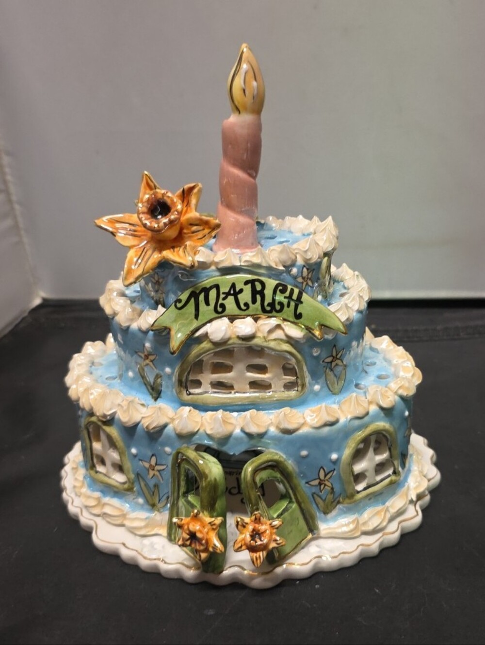 Blue Sky Clayworks March Birthday Ceramic Cake Candle Holder Heather Goldminc